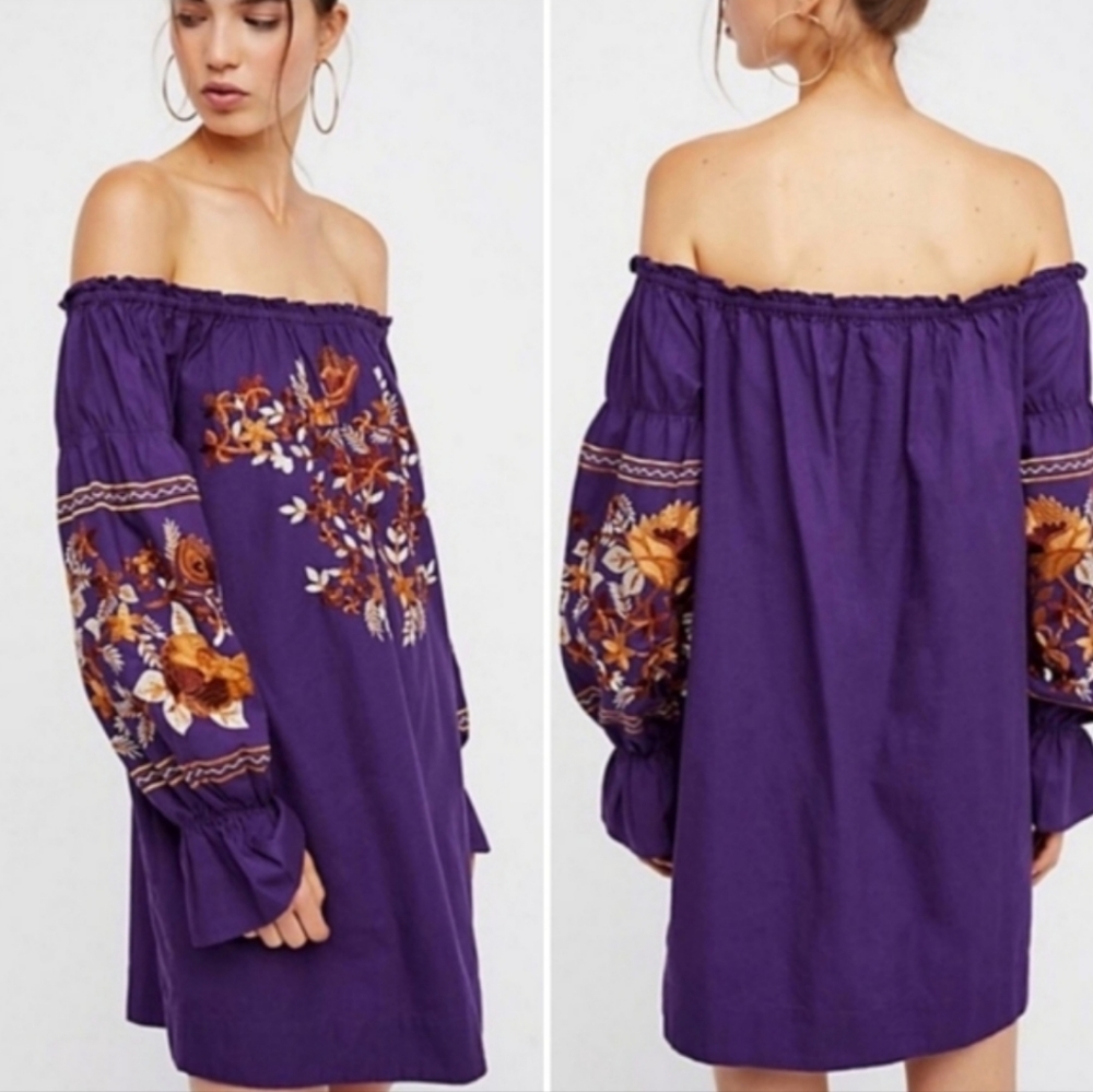 Free people Fleur De Jour Embroidered Off Shoulder Mini Dress Purple w p…